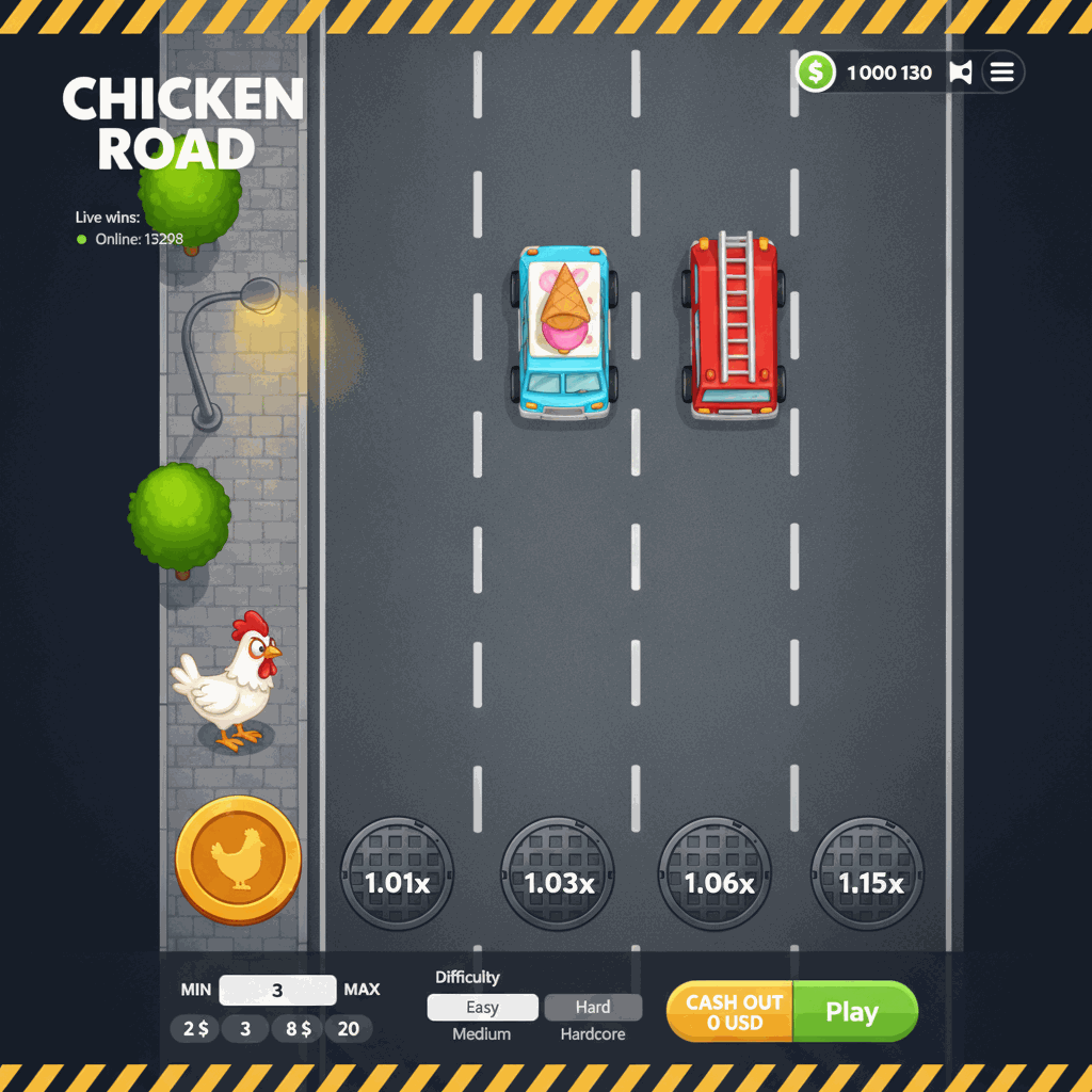 Chicken Road crash game interface showing a cartoon chicken character positioned on an urban sidewalk preparing to cross a multi-lane road viewed from above, with white dashed lane dividers, dark asphalt surface, manhole covers displaying multiplier values on each lane, decorative green trees and a street lamp on the left, and game controls at the bottom including bet amount and cash out button